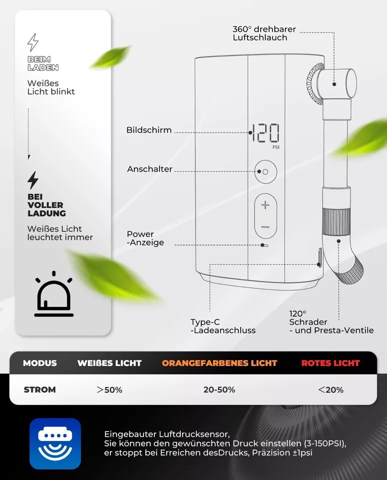 ROCKBROS Polkupyöräpumppu Kannettava Pumppu Sähköinen Ilmapumppu 5000mAh 150PSI 380g