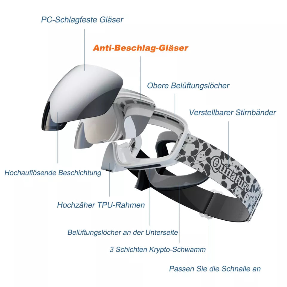 Qunature laskettelulasit, lumilautailulasit lapsille ja aikuisille, jotka käyttävät silmälaseja, huurtumisenesto