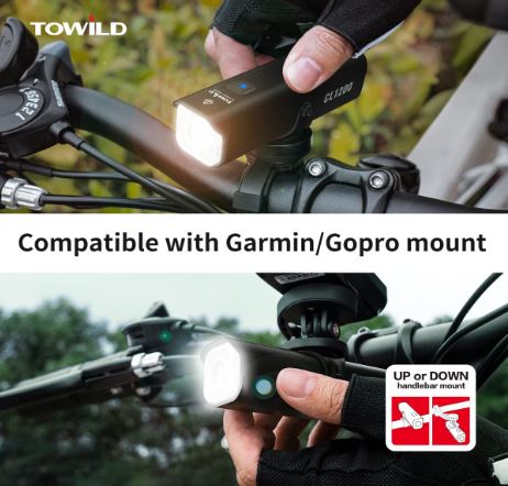 TOWILD CL1200 Garmin/GoPro -kiinnitys Yhteensopiva 1200 4000 mAh akku, vedenpitävä pyörävalo työmatkakäyttöön