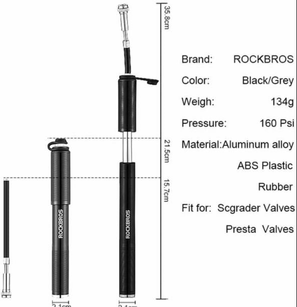 ROCKBROS HQ-52BK Polkupyörän Minipumppu Runkopumppu Presta & Schrader 160 PSI